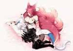  animal_ears bare_shoulders barefoot black_legwear breasts brown_legwear cleavage closed_mouth commentary_request detached_sleeves fox_ears fox_tail hair_over_one_eye japanese_clothes jewelry kimono konshin lap_pillow large_breasts long_sleeves lying multiple_girls multiple_tails necklace obi on_side original pantyhose pearl_necklace red_eyes red_hair sash sitting smile stirrup_legwear tail thighhighs toeless_legwear white_hair white_kimono yokozuwari 