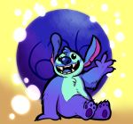  2018 3_toes 4_fingers alien animmania black_claws black_eyes blue_fur blue_nose blue_tongue chest_tuft claws digital_drawing_(artwork) digital_media_(artwork) disney experiment_(species) experiment_pod fluffy fur head_tuft hi_res lilo_and_stitch notched_ear open_mouth open_smile sitting smile solo stitch toe_claws toes tuft waving 