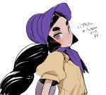  beige_shirt black_hair bonnet dark_skin from_side hapu'u_(pokemon) hat light_frown long_hair neckerchief nito_(siccarol) pokemon pokemon_(game) pokemon_sm purple_eyes purple_hat purple_neckwear ringed_eyes short_sleeves sidelocks sketch solo thick_eyebrows translation_request twintails upper_body 