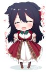  :d ahoge animal_ears black_hair bow bowtie chibi commentary_request dated dress full_body green_neckwear hands_up konshin long_hair open_mouth original red_dress signature simple_background smile solo white_background 