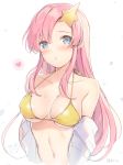  6u_(eternal_land) bikini blue_eyes blush breasts cleavage commentary_request covered_nipples gundam gundam_seed gundam_seed_destiny hair_ornament large_breasts long_hair meer_campbell navel off-shoulder_shirt pink_hair shirt solo star star_hair_ornament swimsuit underboob yellow_bikini 