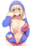  areolae bangs blonde_hair blue_eyes blush bra breasts eyebrows_visible_through_hair gen_(black_factory) hood hoodie lactation lactation_through_clothes large_breasts looking_at_viewer original solo underwear unfastened 