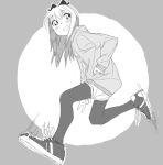  arm_at_side blush_stickers bow casual eyebrows_visible_through_hair full_body greyscale grin hair_bow hair_ornament hand_in_pocket jacket leg_lift long_hair long_sleeves looking_away monochrome motion_lines outline pantyhose pantyhose_under_shorts raised_eyebrows running shoes shorts smile sneakers solo tareme toshinou_kyouko uuo v yuru_yuri 