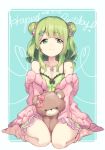  breasts cleavage closed_mouth collarbone commentary dated double_bun eyebrows_visible_through_hair green_camisole green_eyes green_hair hair_ornament hair_scrunchie hairclip happy_birthday holding holding_stuffed_animal jewelry ksk_(semicha_keisuke) medium_breasts medium_hair morinaka_kazaki necklace nijisanji off_shoulder older on_floor pink_cardigan pink_scrunchie scrunchie sitting smile solo stuffed_animal stuffed_toy teddy_bear virtual_youtuber 