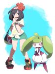  bag bangs bare_arms beanie black_hair blue_eyes bob_cut bracelet eyelashes floral_print full_body gen_7_pokemon green_shorts handbag hands_up hat highres jewelry legs_apart midoko mizuki_(pokemon) open_mouth pigeon-toed pocket poke_ball_theme pokemon pokemon_(creature) pokemon_(game) pokemon_sm red_hat shirt shoes short_hair short_sleeves shorts sneakers standing steenee swept_bangs t-shirt tied_shirt tiptoes yellow_shirt z-ring 