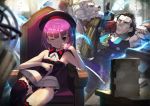  2boys armchair bangs bare_arms bare_shoulders beret black_dress black_hair black_hat black_legwear blue_eyes blurry blurry_foreground book book_stack chair clenched_teeth closed_mouth commentary day depth_of_field dress electricity eyebrows_visible_through_hair fate/grand_order fate_(series) hat helena_blavatsky_(fate/grand_order) in_the_face indoors lion multiple_boys nikola_tesla_(fate/grand_order) one_eye_closed open_book punching purple_eyes purple_hair purple_vest shirt sitting strapless strapless_dress sukocchi sunlight teeth thighhighs thomas_edison_(fate/grand_order) tree_of_life vest white_shirt window 