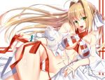  :d ahoge bead_bracelet beads bikini blonde_hair blush bracelet braid breasts commentary_request criss-cross_halter fate_(series) french_braid green_eyes halter_top halterneck head_tilt highres jewelry kawaruhi long_hair looking_at_viewer nero_claudius_(fate)_(all) nero_claudius_(swimsuit_caster)_(fate) off_shoulder open_mouth red_bikini see-through side-tie_bikini smile solo striped striped_bikini swimsuit untying very_long_hair 