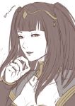  absurdres bangs black_hair blunt_bangs bodystocking bodysuit bracelet breasts bridal_gauntlets cape circlet cleavage cm_lynarc commentary face fire_emblem fire_emblem:_kakusei fire_emblem_heroes highres jewelry looking_at_viewer sketch skin_tight tharja tiara twitter_username two_side_up 