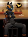 &lt;3 1_eye armor black_skin bottomless bow_tie canine chair clitoris clothed clothing detailed_background female front_view glowing glowing_eyes helmet hi_res jackal jakal machine mammal navel nipple_piercing nipples orange_nipples outside pictographics piercing psyk323 pussy robot sitting spread_legs spreading tattoo white_pupils yellow_eyes 