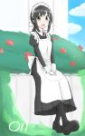  :d alternate_costume apron black_hair black_legwear blue_sky blush cloud cloudy_sky day enmaided fubuki_(kantai_collection) gloves green_eyes juliet_sleeves kantai_collection long_sleeves looking_at_viewer ma_rukan maid maid_headdress open_mouth pantyhose puffy_sleeves short_ponytail sitting sky smile solo v_arms white_gloves 