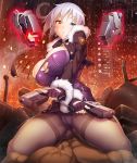  1boy 1girl aina_winchester breasts female huge_breasts lilith-soft lying panties partially_visible_vulva potion_(moudamepo) sitting_on_person taimanin_(series) taimanin_asagi_battle_arena weapon 