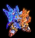  black_background blue_eyes clenched_hand glowing glowing_hand gundam head_tilt highres mecha no_humans open_hand rekkou_gundam sd_gundam shin_sd_sengokuden_densetsu_no_daishougun_hen shiny solo uungunover v-fin 