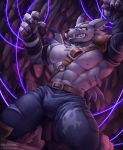  2018 abs anthro areola armwear big_pecs bulge chest_tuft claws clothed clothing detached_sleeves digimon ear_piercing energy fangs front_view fur half_clothed kneeling leather looking_at_viewer magic male multicolored_fur muscular muscular_male nipples nurinaki open_mouth pants pecs piercing purple_fur runes sharp_teeth shoulder_guards skull_and_crossbones snarling solo stitches straps striped_fur stripes teeth topless torn_clothing torn_pants tuft two_tone_fur weregarurumon white_fur yellow_eyes 