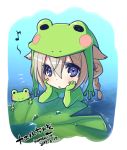  :o animal_costume animal_ears blonde_hair blue_eyes blush braid chibi commentary_request dated frog frog_costume hair_between_eyes konshin leaf lily_pad looking_at_viewer minigirl musical_note notice_lines original parted_lips partially_submerged purple_eyes signature solo water 