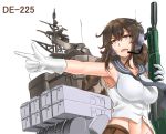  armpits assault_rifle braid breasts brown_eyes brown_hair brown_skirt character_name gloves gun headset howa_type_89 kantai_collection large_breasts long_hair midriff navel noshiro_(kantai_collection) open_mouth outstretched_arm pointing rifle saizu_nitou_gunsou school_uniform serafuku skirt sleeveless solo twin_braids weapon weapon_request white_background white_gloves 