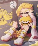  artist_name black_shorts blonde_hair boots closed_eyes coat commentary_request domino_mask earrings emperor_(splatoon) full_body glaring inkling inumaru_akagi jacket_on_shoulders jewelry long_sleeves male_focus mask open_clothes open_coat paint_splatter parted_lips pixiv_id prince_(splatoon) shorts sigh signature sitting sitting_on_lap sitting_on_person sleeping sparkle splatoon_(manga) splatoon_(series) squid squid_beakon_(splatoon) sweatdrop white_coat white_footwear 