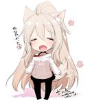  :d =_= animal_ears black_legwear black_skirt blonde_hair blush chibi commentary_request dated full_body konshin long_hair long_sleeves open_mouth original pantyhose ponytail ribbed_sweater signature simple_background skirt sleeves_past_wrists smile solo standing sweater tail tail_wagging very_long_hair white_background white_sweater 