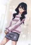  black_hair breasts collarless_shirt d.gray-man denim denim_skirt earrings hair_between_eyes hallway hands_clasped highres jewelry lenalee_lee light_particles long_hair long_sleeves looking_at_viewer official_art own_hands_together scan skirt small_breasts smile solo stud_earrings sweater v_arms wavy_hair white_background 