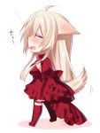  :d ahoge animal_ears blonde_hair blush chibi commentary_request dated dress ears_down from_side konshin long_hair long_sleeves open_mouth original red_dress red_legwear sideways_mouth signature sleeves_past_fingers sleeves_past_wrists smile solo standing tail thighhighs translated 