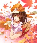  :d autumn_leaves bakemonogatari between_legs blue_swimsuit breasts brown_hair brown_hat cleavage collarbone floating_hair from_above hand_between_legs hand_on_headwear hat highres leaf long_hair looking_up maple_leaf medium_breasts monogatari_(series) open_mouth pink_ribbon ribbon school_swimsuit sengoku_nadeko shiny shiny_skin shirt sitting smile soaking_feet solo swimsuit white_background white_shirt yamanami_kousuke yellow_eyes 