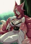  animal_ears bare_shoulders breasts cleavage closed_mouth commentary_request dated fox_ears fox_tail green_eyes hair_over_one_eye hand_up japanese_clothes jewelry kimono konshin large_breasts long_hair long_sleeves looking_at_viewer multiple_tails necklace obi off_shoulder one_eye_covered original pearl_necklace red_hair sash signature sitting sleeves_past_fingers sleeves_past_wrists smile solo tail tree under_tree white_kimono wide_sleeves 