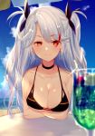  arms_under_breasts azur_lane bangs bare_arms bare_shoulders beach bikini black_bikini black_choker black_ribbon blue_sky blush breast_hold breasts choker cleavage cloud coconome collarbone commentary_request crossed_arms cup day drink eyebrows_visible_through_hair hair_between_eyes hair_ribbon half-closed_eyes large_breasts light_rays long_hair looking_at_viewer multicolored_hair ocean outdoors pov prinz_eugen_(azur_lane) red_hair ribbon sand shade sidelocks silver_hair sky smile solo streaked_hair swept_bangs swimsuit tropical_drink two_side_up umbrella very_long_hair 