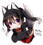  1girl ahoge animal_ears black_hair black_hoodie cartoon_bone collar commentary_request dated dog_ears dog_tail eyebrows_visible_through_hair hair_between_eyes hood hood_down hoodie konshin long_sleeves looking_at_viewer mouth_hold original pantyhose pleated_skirt purple_eyes red_legwear signature simple_background skirt sleeves_past_fingers sleeves_past_wrists solo spoken_exclamation_mark tail twintails white_background 