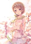  6u_(eternal_land) :d absurdres animal animal_on_shoulder bangs bird_on_shoulder blush brown_eyes brown_hair choker collarbone dress eyebrows_visible_through_hair flower hair_flower hair_ornament head_wreath highres koizumi_hanayo layered_dress looking_at_viewer love_live! love_live!_school_idol_project open_mouth petals ribbon ribbon_choker short_hair simple_background smile solo standing swept_bangs white_background white_dress white_flower yellow_ribbon 