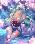  absurdres aqua_hair aqua_kimono black_fire_(peter02713) breasts cherry_blossoms dragon_girl dragon_horns fate/grand_order fate_(series) highres horns japanese_clothes kimono kiyohime_(fate/grand_order) large_breasts looking_at_viewer obi off_shoulder partially_submerged pelvic_curtain sash short_kimono sitting smile solo thighhighs white_legwear wide_sleeves yellow_eyes 