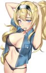  black_bra black_panties blonde_hair blue_eyes blue_shirt blush bra breast_pocket breasts cleavage collared_shirt cowboy_shot gambier_bay_(kantai_collection) hair_tie_in_mouth hairband kantai_collection large_breasts looking_at_viewer midriff mouth_hold navel open_clothes open_shirt pallad panties pocket shirt short_sleeves simple_background solo tying_hair underwear white_background 