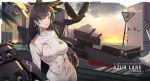  animal_ears anniversary atago_(azur_lane) azur_lane bangs bird black_hair blurry_foreground blush breasts brown_eyes building closed_mouth cloud commentary_request dock extra_ears eyebrows_visible_through_hair gloves hair_ornament hair_ribbon highres large_breasts long_hair looking_at_viewer machinery military military_uniform miniskirt mole mole_under_eye ocean pandea_work ribbon rigging skirt smile solo sunset swept_bangs thighhighs uniform water 