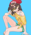  barefoot beanie blue_background blue_eyes brown_hair cropped_legs floral_print green-framed_eyewear green_nails green_shorts hat itou_(very_ito) looking_at_viewer mizuki_(pokemon) nail_polish off-shoulder_shirt pokemon pokemon_(game) pokemon_sm red_hat shirt short_hair short_shorts short_sleeves shorts simple_background smile solo sunglasses t-shirt tied_shirt undershirt yellow_shirt 