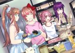  :d absurdres bow brown_hair burnt_food casual closed_eyes commentary cupcake doki_doki_literature_club dutch_angle english_commentary eyebrows_visible_through_hair fang food green_eyes grin hair_bow hair_ornament hair_ribbon hairclip hand_on_hip highres indoors long_hair mixing_bowl monika_(doki_doki_literature_club) multiple_girls natsuki_(doki_doki_literature_club) open_mouth pink_eyes pink_hair plate ponytail purple_eyes purple_hair red_bow red_ribbon ribbon sayori_(doki_doki_literature_club) short_hair smile white_ribbon wightricealex yuri_(doki_doki_literature_club) 