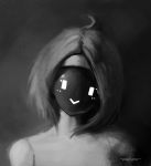  :&gt; ahoge android bust_portrait female fiona_(psyk) front_view greyscale hair hi_res humanoid looking_at_viewer machine monochrome noseless not_furry nude portrait psyk323 robot screen_face short_hair smile solo vertical_bar_eyes 
