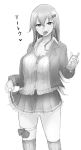  anego_(natsume) breasts commentary_request condom condom_in_mouth greyscale hair_ornament hairclip highres kantai_collection large_breasts leg_garter long_hair long_sleeves looking_at_viewer miniskirt monochrome mouth_hold pleated_skirt school_uniform skirt solo standing suzuya_(kantai_collection) 