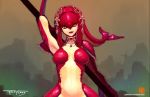  breasts breath_of_the_wild featureless_breasts female front_view half-length_portrait humanoid jewelry lipstick makeup marine mipha multicolored_skin nintendo noseless orange_eyes portrait psyk323 red_skin royalty smile solo tan_skin the_legend_of_zelda video_games wide_hips zora 