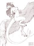  anthro araivis-edelveys avelos breasts chest_tuft claws digitigrade dragon feathered_wings feathers female flying foot_tuft fur furred_dragon greyscale hair hindpaw ista long_hair monochrome nipples nude paws sharp_teeth smile solo teeth tuft wings 