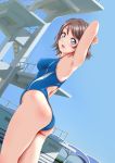  armpits arms_up ass bare_shoulders blue_eyes blue_sky blue_swimsuit blush breasts brown_hair commentary_request competition_swimsuit covered_nipples cowboy_shot day diving_platform dutch_angle from_behind highres keisuke_(0320030103200301) legs_together looking_at_viewer looking_back love_live! love_live!_sunshine!! medium_breasts one-piece_swimsuit open_mouth outdoors short_hair sky smile solo standing swimsuit thighs watanabe_you 