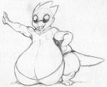  2018 alphys anthro big_breasts big_butt black_and_white breasts buckteeth butt clothed clothing eyewear female glasses huge_breasts hyper hyper_breasts lizard monochrome non-mammal_breasts reptile sbshouseofpancakes scalie shirt shorts simple_background slightly_chubby solo teeth thick_thighs tight_clothing undertale video_games white_background wide_hips 