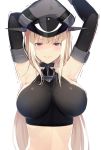  anchor armpits arms_up bismarck_(kantai_collection) black_gloves black_halter_top blonde_hair blue_eyes breasts choker cleavage commentary_request detached_sleeves elbow_gloves embarrassed gloves halter_top halterneck hat highres kantai_collection kriegsmarine large_breasts long_hair meth_(emethmeth) midriff military_hat peaked_cap smile solo sweatdrop tight_top uniform upper_body white_background 