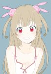  absurdres bangs blush breasts camisole cleavage collarbone donguri_suzume grin hair_ornament hat hat_removed headwear_removed highres light_brown_hair long_hair looking_at_viewer natori_sana red_eyes sana_channel sleeveless small_breasts smile solo two_side_up virtual_youtuber 