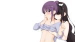  2girls black_hair blush bow breast_grab comic_girls fuura_suzu irokawa_ruki long_hair masaki_h_t navel no_bra purple_eyes purple_hair white yuri 