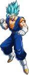  blue_eyes blue_hair boots clenched_hands dougi dragon_ball dragon_ball_fighterz dragon_ball_super earrings fighting_stance fusion gloves highres jewelry male_focus muscle official_art open_mouth potara_earrings solo spiked_hair super_saiyan super_saiyan_blue vegetto white_footwear 