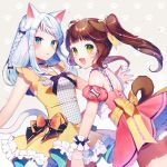  animal_ears aqua_eyes bow brown_hair cat_ears cat_tail copyright_request dog_ears dog_tail dress fang green_eyes highres long_hair momoshiki_tsubaki multiple_girls orange_bow paw_background pink_dress purple_bow silver sleeveless slit_pupils smile tail twintails whiskers yellow_bow yellow_dress 