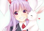  ^_^ animal animal_ears black_jacket blazer blush bunny bunny_ears bunny_tail closed_eyes commentary_request eyebrows_visible_through_hair gradient gradient_background green_background grin heart holding holding_animal jacket kiss_day kue looking_at_viewer necktie portrait purple_hair red_eyes red_neckwear reisen_udongein_inaba shirt sidelocks smile tail touhou white_background white_shirt wing_collar 