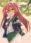  brown_hair centi_mnkt commentary_request crescent crescent_moon_pin eyebrows_visible_through_hair finger_to_mouth green_skirt hair_between_eyes hair_ornament jacket kantai_collection kisaragi_(kantai_collection) lifted_by_self long_hair long_sleeves navel neckerchief panties pink_eyes pleated_skirt remodel_(kantai_collection) school_uniform serafuku skirt skirt_lift smile solo striped striped_panties tree underwear 