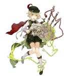  bagpipes beret blonde_hair capelet chain full_body green_eyes hat highres instrument ji_no long_nose looking_at_viewer male_focus official_art otoko_no_ko pinocchio_(sinoalice) shorts sinoalice socks solo stitched_mouth stitches transparent_background veins 