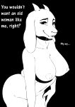  anthro big_breasts black_and_white black_background breasts caprine dialogue english_text female goat haaru horn leaning leaning_forward long_ears looking_at_viewer mammal monochrome nipples nude sharp_teeth simple_background smile solo_focus talking_to_viewer teeth text toriel undertale video_games 