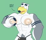  abs anthro anti_dev avian ayden_(brogulls) beak bird brogulls clothed clothing english_text green_background hyper hyper_nipples lactating male male_lactation milk muscular nipples pubes seagull simple_background solo standing text topless 