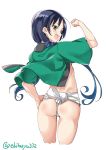  ass blue_bow blue_hair blush bow cowboy_shot ebifurya eyebrows_visible_through_hair from_behind fundoshi green_eyes happi highres japanese_clothes kantai_collection long_hair looking_at_viewer looking_back open_mouth simple_background solo suzukaze_(kantai_collection) twintails twitter_username underwear white_background 